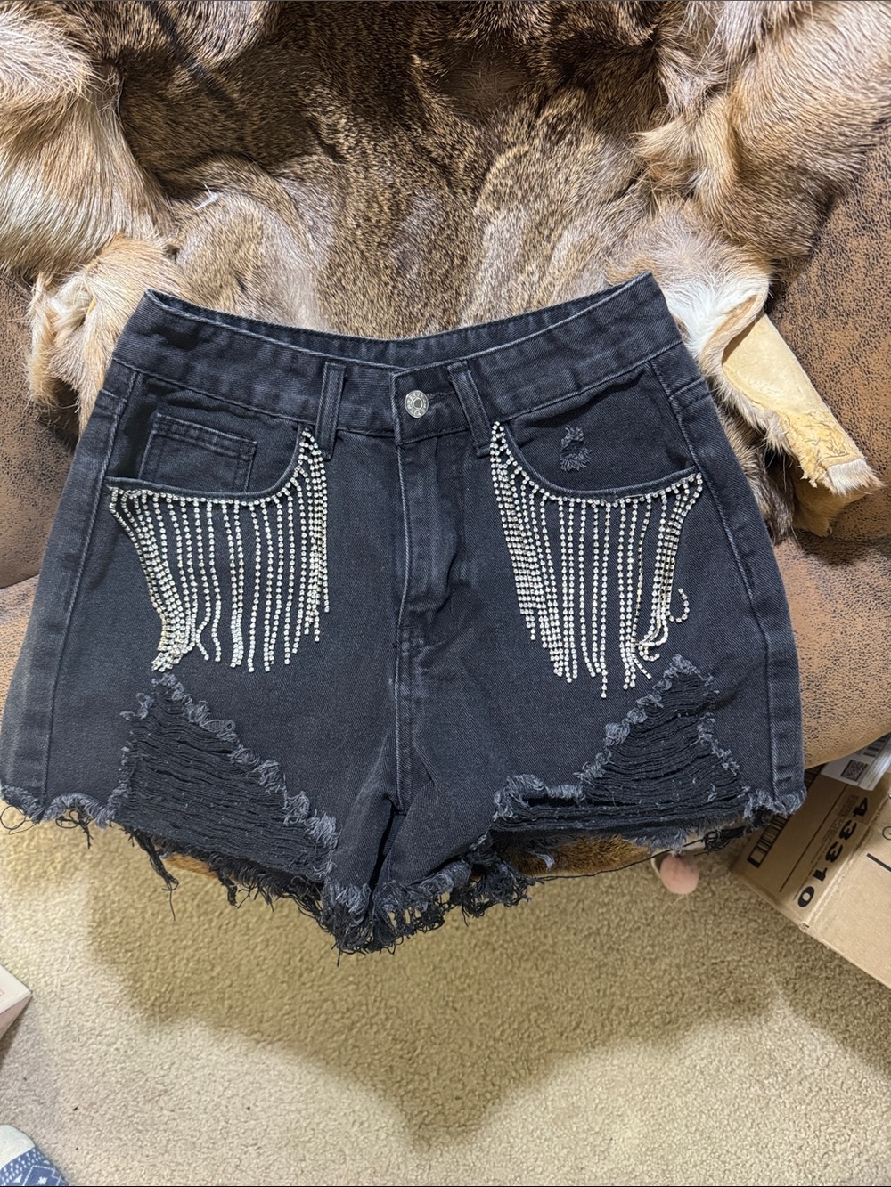 SHEIN Black Distressed Denim Shorts with Rhinestone Fringe